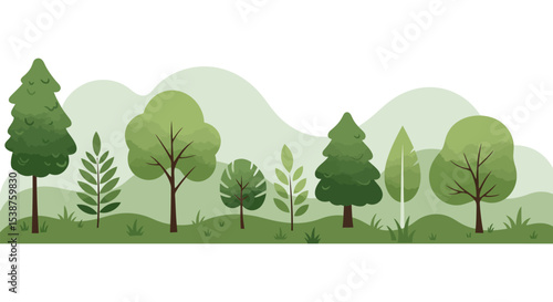 Lush green forest landscape with diverse tree varieties and leafy foliage vector illustration