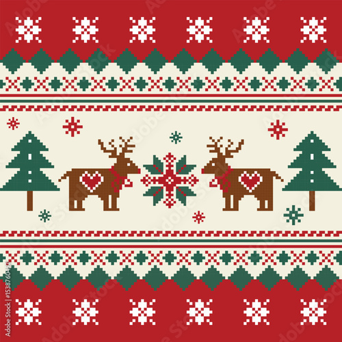Seamless Christmas Pattern with Reindeer and Snowflakes - Pixel Art Style