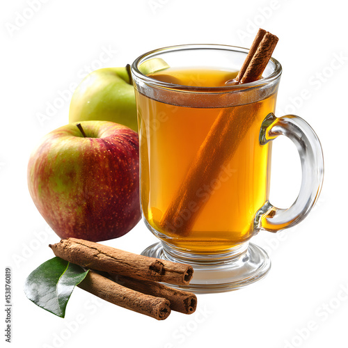 Autumn spiced apple cider with cinnamon stick, in clear mug, warm tones, white background