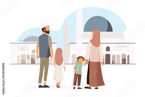 Muslim Family Walking Near Mosque Beige Brown White