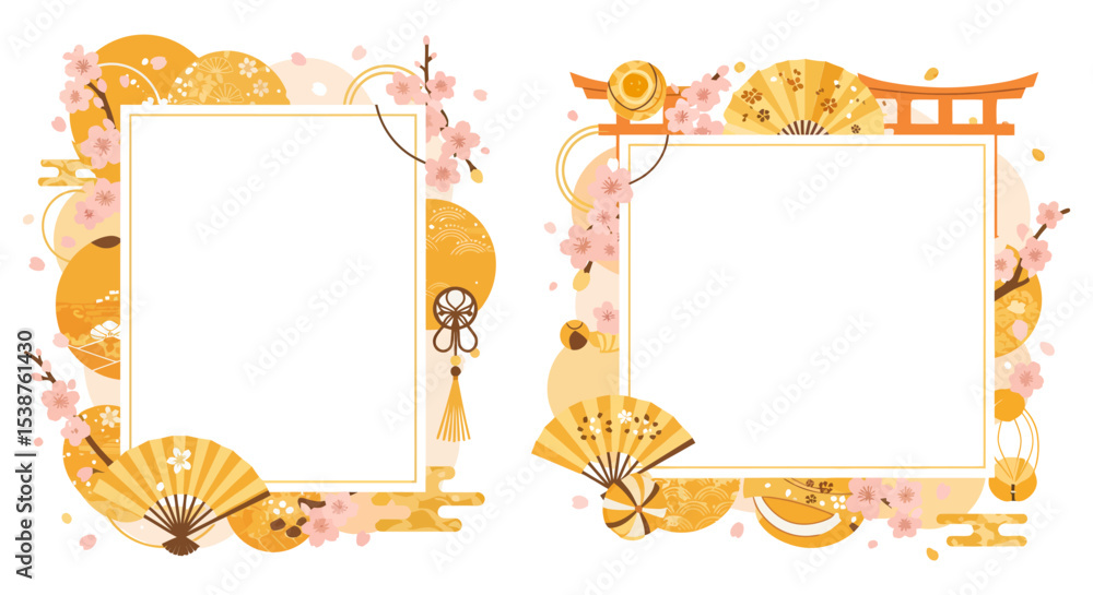 Fototapeta premium Japanese floral frames featuring sakura blossoms and cultural motifs vector illustration