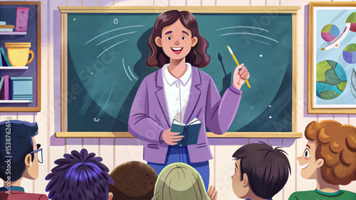 teacher smiling while explaining a lesson on the chalkboard in a classroom, symbolizing education, learning, knowledge-sharing, and student engagement in school