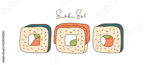 Sushi set. Salmon Rolls with avocado, cream cheese, rice served sketch. Hand drawn lineart vector illustration. Sign for Label, Poster, bar logo, menu design. Traditional fresh japanese sushi rolls.