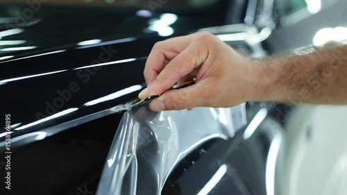 Detailer worker cuts with knife wrapped and installed PPF for car protection film on vehicle.