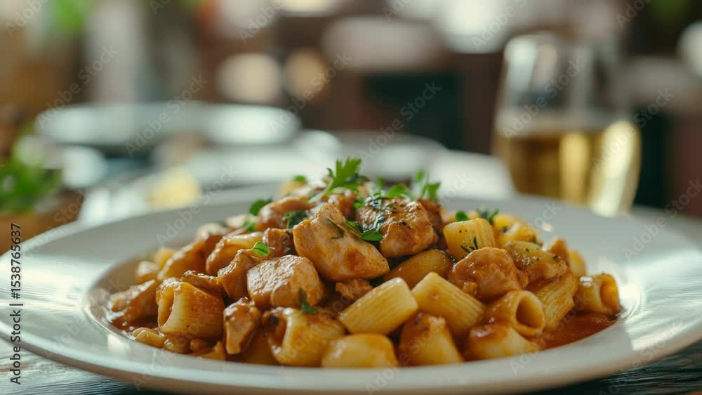 A plate filled with pasta and meat A plate filled with pasta and meat