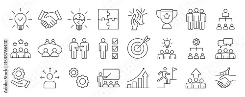 Teamwork icon set. Business related line icons. meeting, cooperation, support, collaboration, partnership, society, workshop, work group, human resource and more. Editable stroke. Vector illustration.