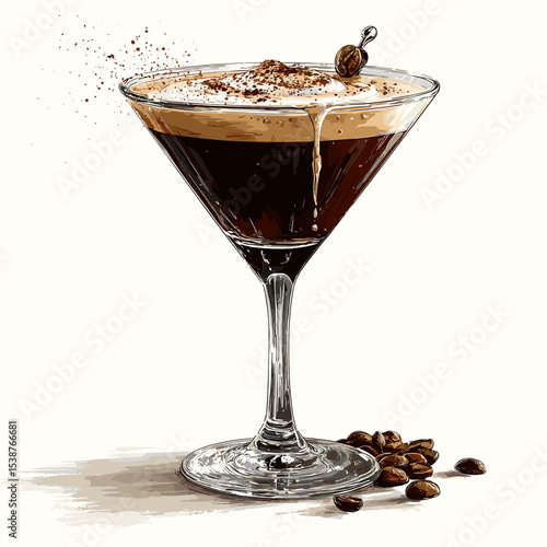 Espresso Martini cocktail in a martini glass with coffee foam beans and cocoa powder