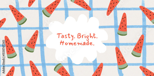 Watermelon slices scattered on blue checkered background with white text cloud in center. Homemade fruity design for packaging, ads, summer branding. Vector flat seamless illustration.
