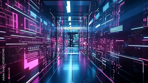 Wallpaper Mural Futuristic data center corridor with glowing neon lights and digital patterns, showcasing advanced technology Torontodigital.ca