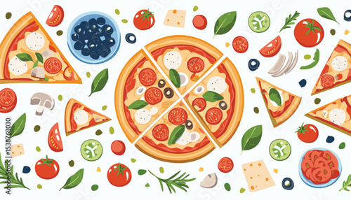 Hand drawn italian pizza set. Pizza Margherita with tomato, cheese mozzarella, basil and olives. Pieces of pizza. Set of various ingredients. Vector.ingredient, menu, piece, tomato, illustration, 