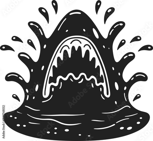 Shark attack minimal black illustration, wide open jaw with sharp teeth, splashing water animal silhouette, ocean predator danger