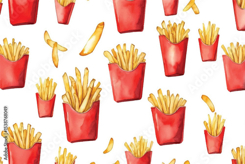Crispy Golden French Fries in Red Paper Container Isolated Hand Drawn Watercolor Illustration