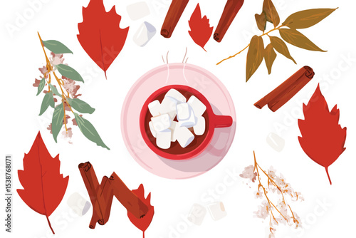 Red Mug Hot Chocolate Marshmallows Autumn Leaves Cinnamon Sticks