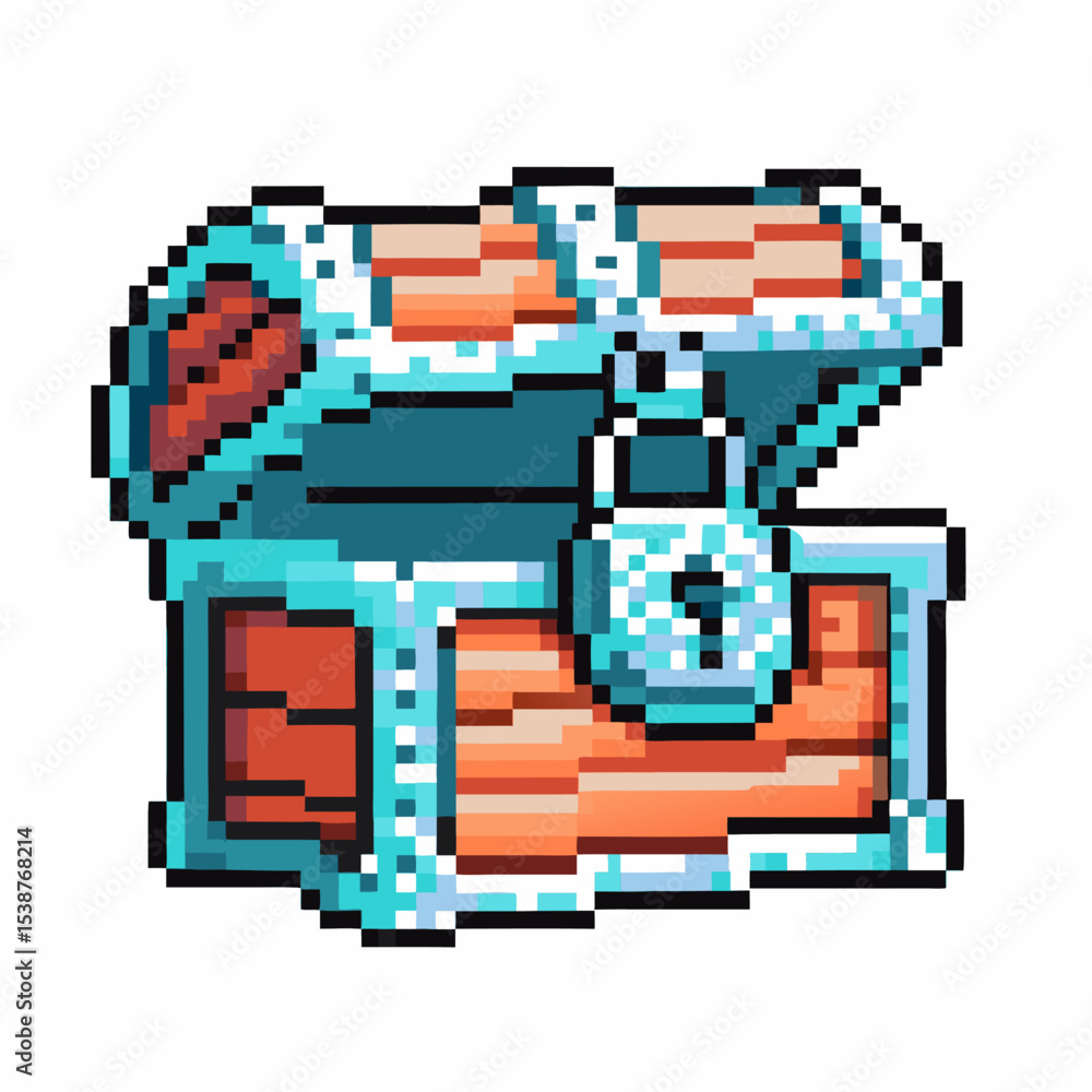 Pixel art treasure chest with closed lid and padlock retro game reward, secure loot, collectible fantasy object Pixel art treasure chest with closed lid and padlock retro game reward, secure loot, collectible fantasy object