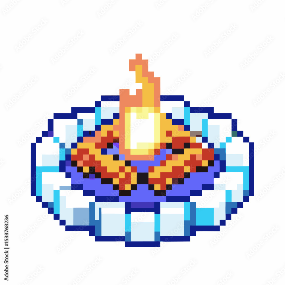 Fototapeta premium Pixel campfire with blazing flames in a stone fire pit, retro video game style, bonfire for adventure or survival concept
