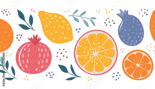 Collection of abstract fruit contemporary art print. Modern poster with hand drawn lemon, strawberry, fig, garnet, peach and orange. Trendy design for wallpaper, wall decor, postcard, cover,leaf, 