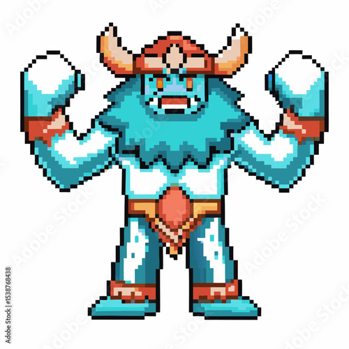 Pixel art ice monster with horned helmet, muscular arms raised, blue fur, intimidating expression, retro arcade