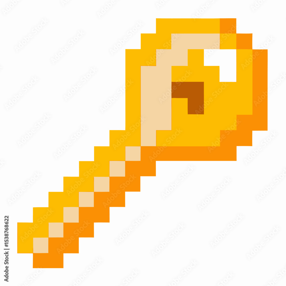Fototapeta premium Pixel art golden key isolated on white background retro digital symbol, vintage game item, security access, treasure unlock concept