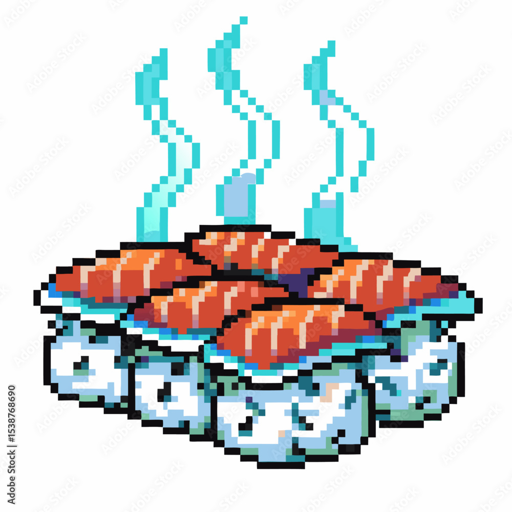 Fototapeta premium Pixel art sushi illustration with six pieces of steaming salmon nigiri retro 8 bit style, japanese cuisine, delicious meal