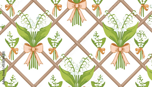 Floral trellis seamless pattern with bows and ribbons. Hand drawn lily of the valley flowers. Summer spring background. Vector.leaf, children, doodle, graphic, meadow, print, ribbon, tile, wedding, bo