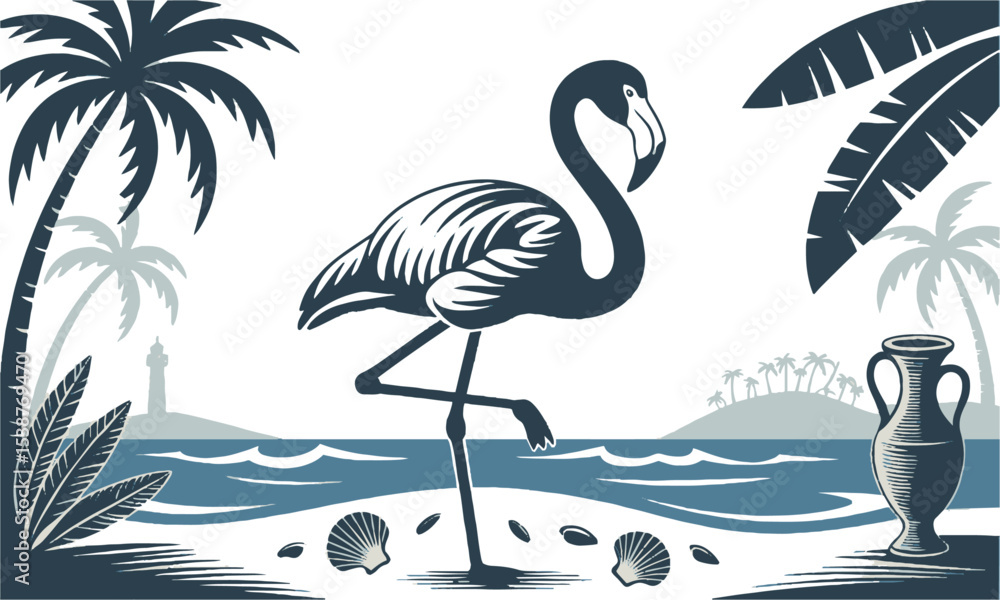Obraz premium Scalable vector illustration inspired by a tropical and coastal motif using flat, variety of natural and nautical elements such as palm trees, tropical flowers, leaves, easily editable and scalable.