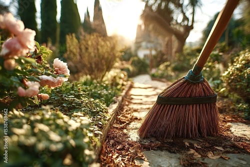 Wallpaper Mural Gardener sweeping dry leaves in a formal garden at sunset Torontodigital.ca