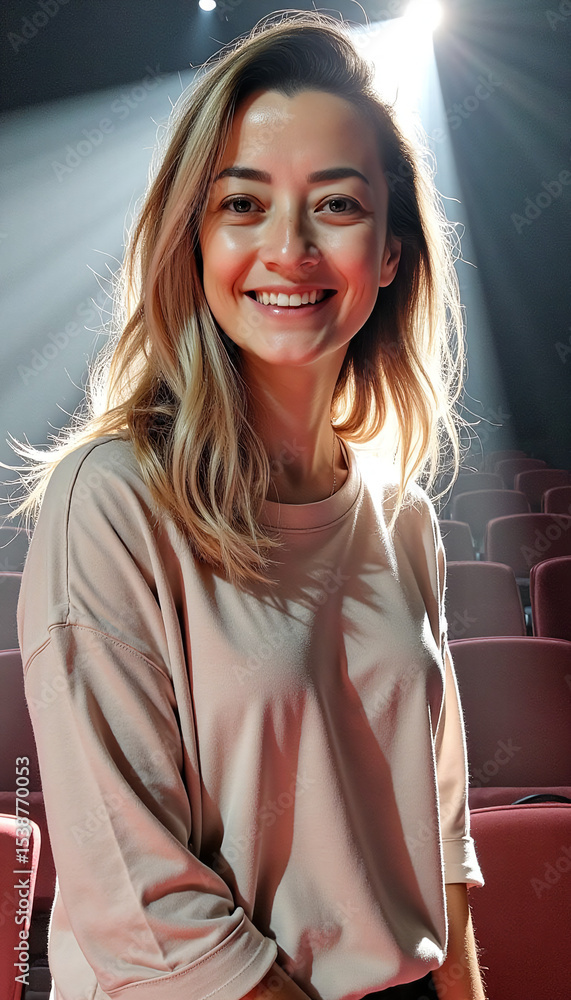 Obraz premium Warm sunlight falls on a woman's face as she smiles in a theater setting.
