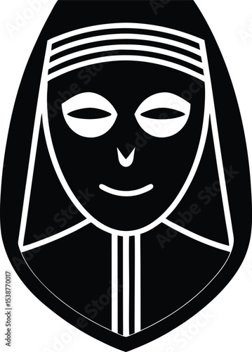 Black and white geometric illustration of a Silhouette veiled woman's face in a shield shape
