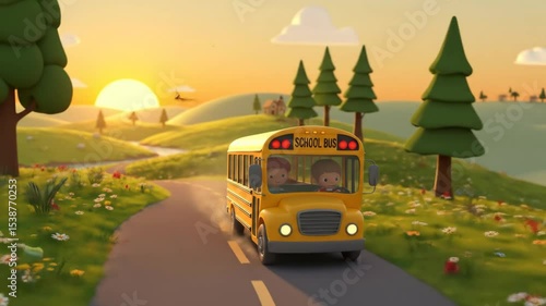 Whimsical Cartoon Landscape with School Bus at Sunrise
