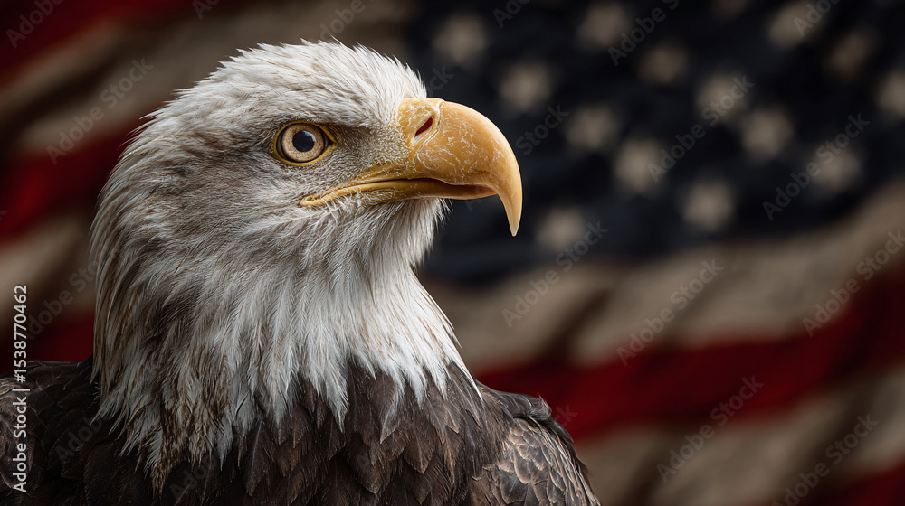 Naklejka premium Patriotic graphic with an eagle in a heroic pose, chest puffed, standing in front of a large rippling American flag