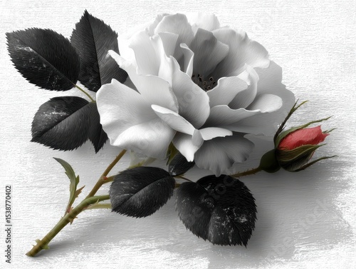 Striking contrast, a white rose with black leaves and red rose in vibrant harmony