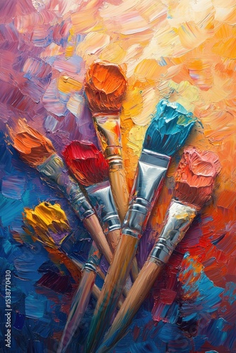 Impasto painting of paintbrushes laden with vibrant, multicolored oil paint, arranged on a textured canvas