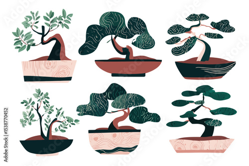 Six stylized Bonsai trees in pots teal green pink brown