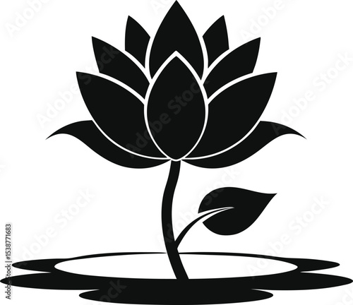 waterlily silhouette vector art on water with leaf on white background