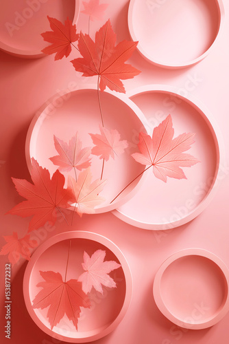 Delicate pink leaves arranged on circular plates creating a serene and artistic composition