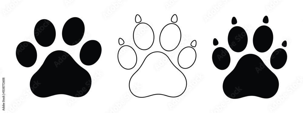 Fototapeta premium Set of dog paw silhouettes in black and white vector illustration