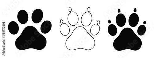 Set of dog paw silhouettes in black and white vector illustration