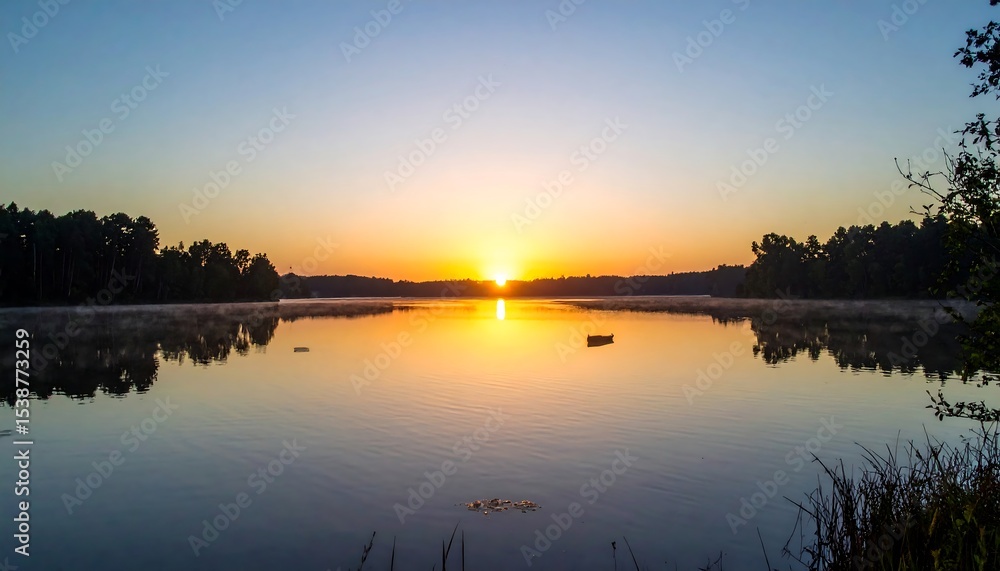 Naklejka premium Sunrise over tranquil lake with serene nature landscape, and golden hour reflection.