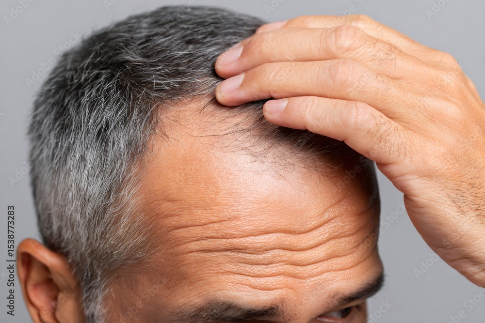 Fototapeta premium Mature man touching thinning hair and showing wrinkles on forehead