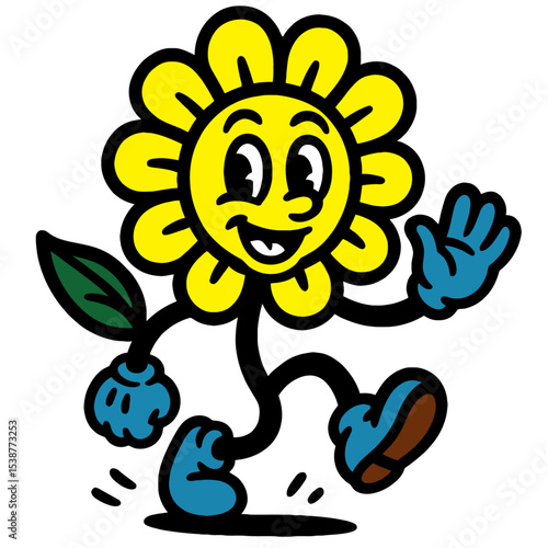 Animated flower character with a friendly expression and lively pose, perfect for kids' content or playful branding