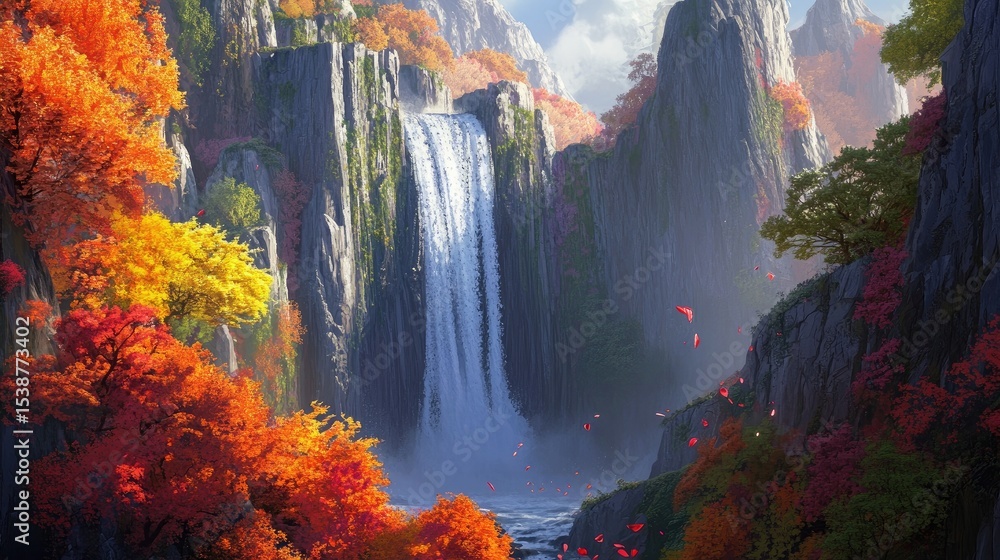 Fototapeta premium Majestic Waterfall Surrounded by Vibrant Autumn Foliage in a Serene Mountain Landscape