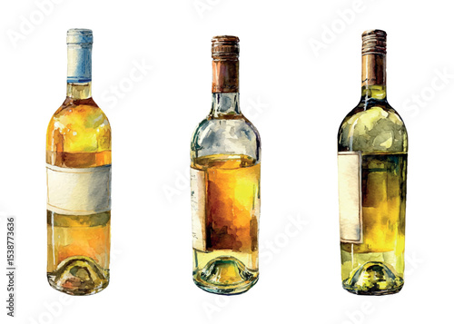 Watercolor set of white wine bottles png. Glass bottle of white wine in vintage style. Concept of bar, alcoholic drinks, winemaking. Vector illustration.