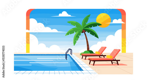 Tropical poolside scene with palm tree and lounge chairs under sun  