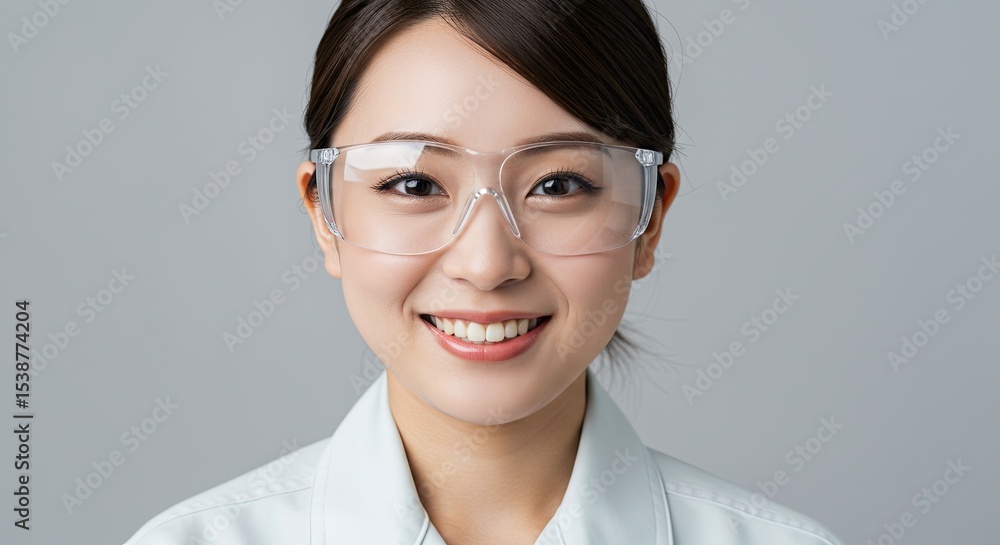 Attractive Asian woman smiling while wearing clear protective safety glasses indoors Attractive Asian woman smiling while wearing clear protective safety glasses indoors