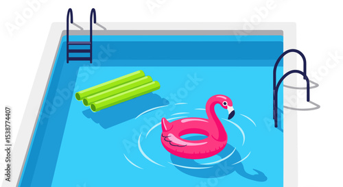 Floating pink flamingo ring in blue swimming pool with ladder  