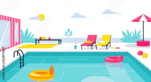 Colorful summer pool scene with lounge chairs and inflatables  