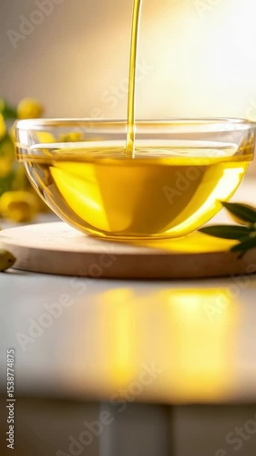 Pouring clear golden oil into a glass bowl on a wooden board, illuminated from behind in bright, clean food photography, healthy cooking concept