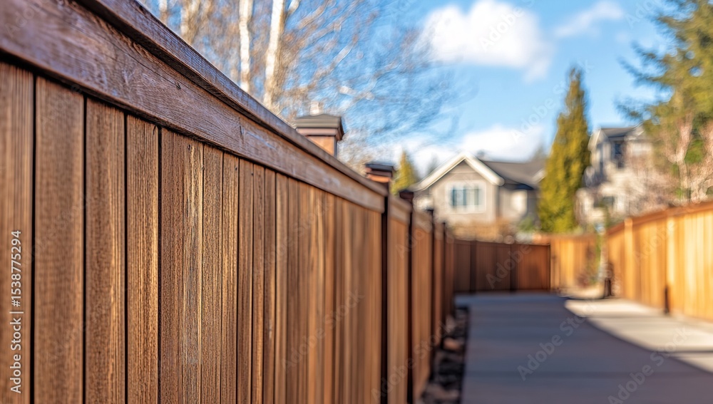 Brown Wooden Fence with Visible Grain Texture Along Walkway, Set Against Trees and Blue Sky in Suburban Scene Brown Wooden Fence with Visible Grain Texture Along Walkway, Set Against Trees and Blue Sky in Suburban Scene
