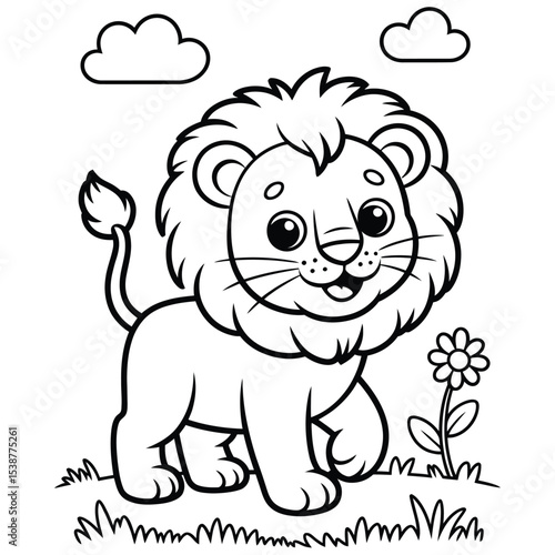 Adorable Cartoon Lion Cub Standing in Grassland with Flower Black and White Line Art Illustration for Children Coloring