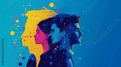 Abstract illustration of three connected profiles symbolizing teamwork, innovation, and technology.